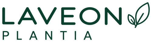 LAVEON PLANTIA — zielony logotyp z dwoma listkami po prawej
