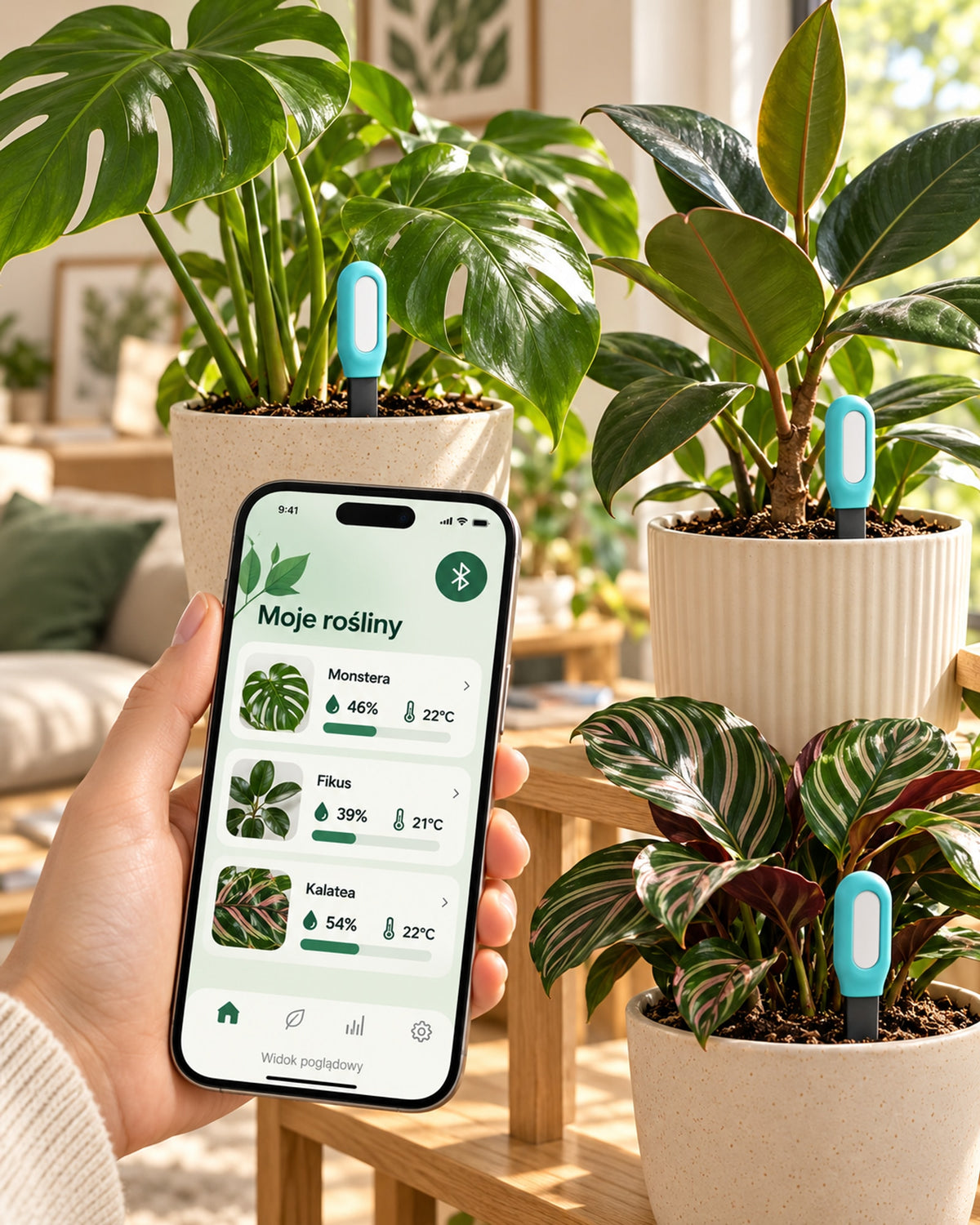 PLANTIA Bluetooth – kilka roślin w aplikacji, widok poglądowy