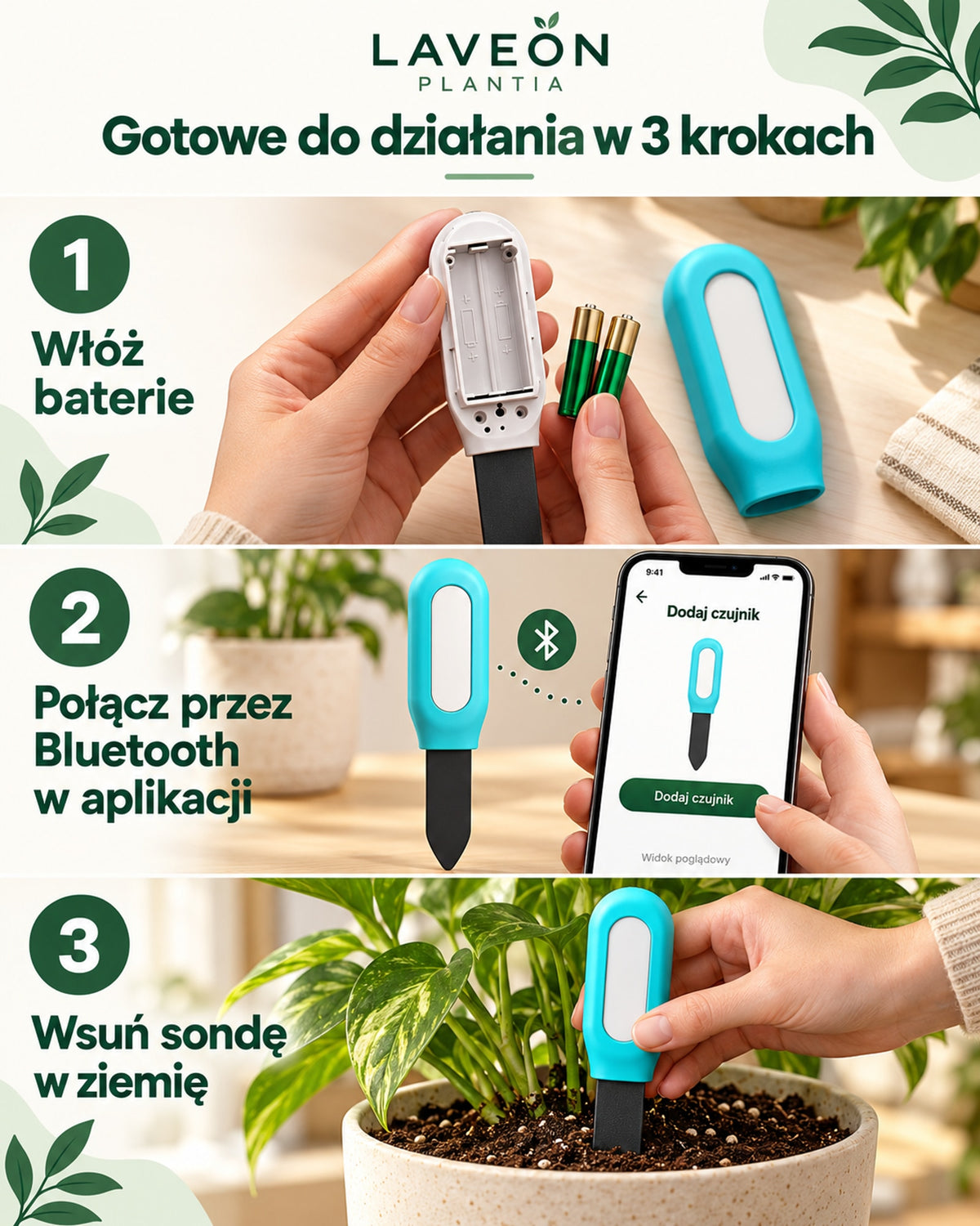 PLANTIA – włóż baterie, połącz Bluetooth, wsuń sondę w ziemię